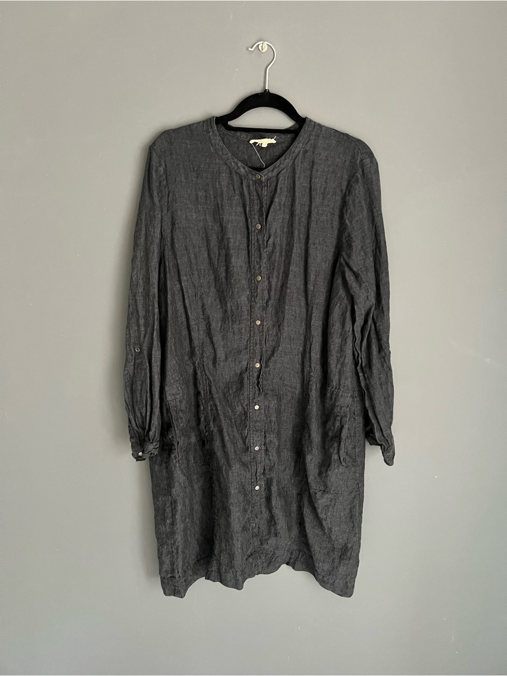 EILEEN FISHER Dress Size XL Linen Chambray Crossdye Shirtdress Roll Tab Sleeve
